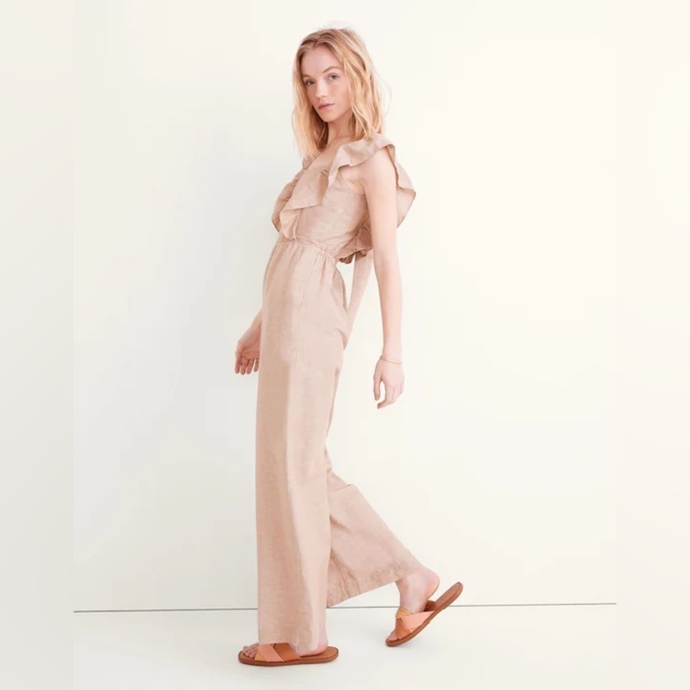 Madewell Linen-Blend Ruffle Tie-Back Jumpsuit in Seed Khaki size 12